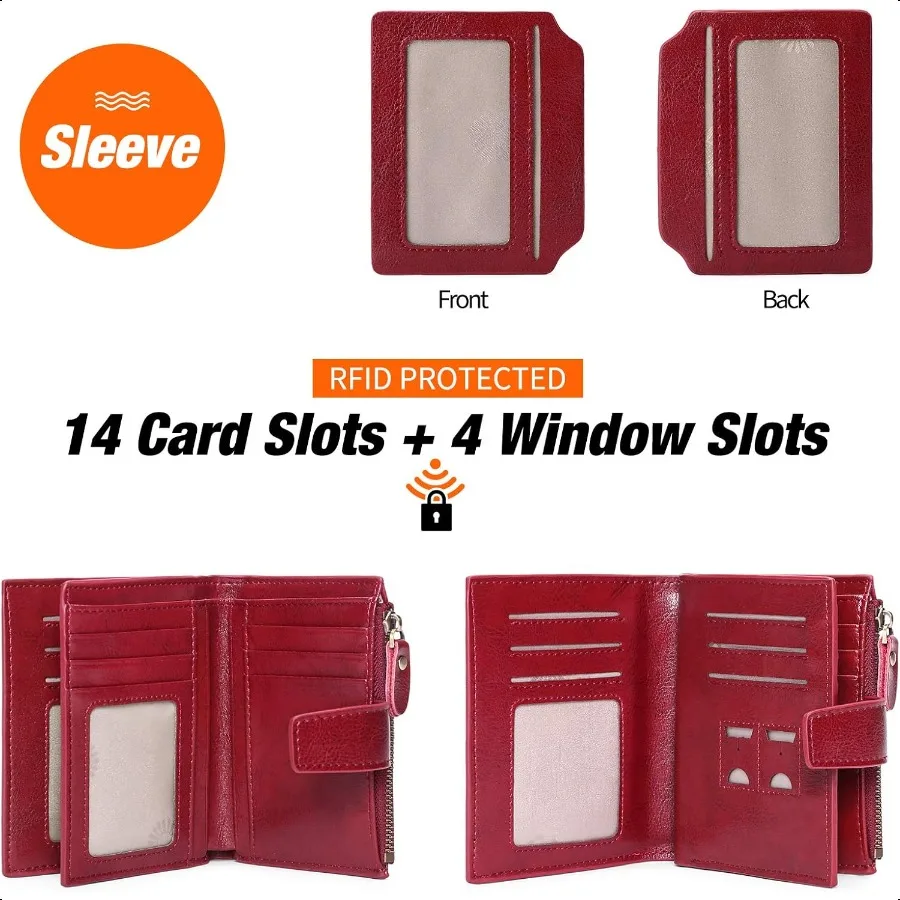 Small Women Wallet Genuine Leather RFID Blocking Bifold Zipper Pocket Card Holder with ID Window