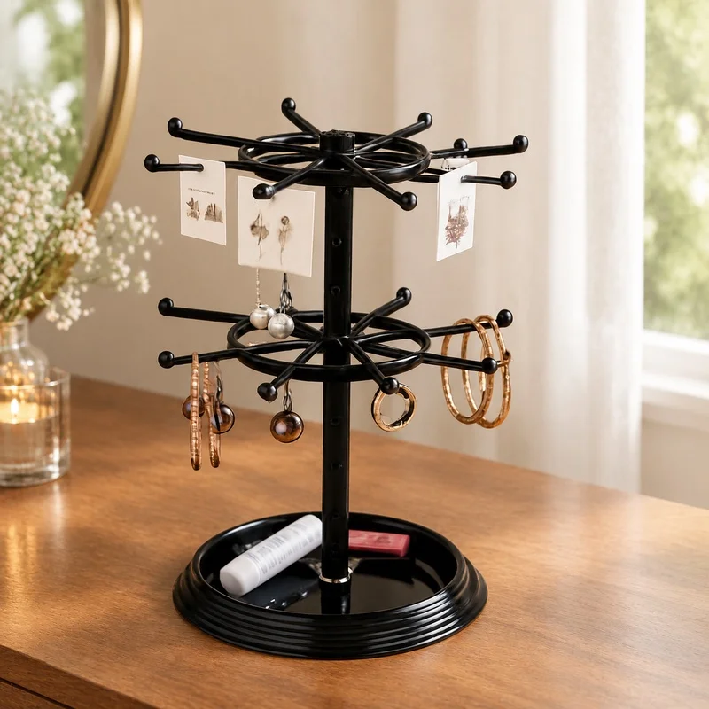 Rotating Multi-Level Display Rack for Earrings, Necklaces, and Bracelets Storage