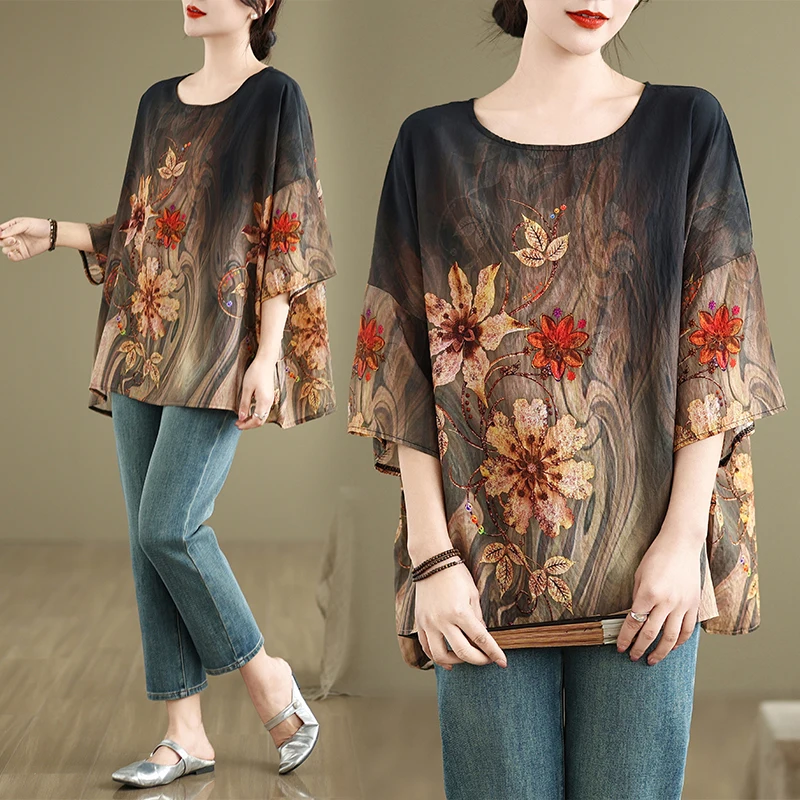 

Summer New Loose Cotton Linen Women's T-irt round Ne Batwing Sve Ethnic Sle plus Size round Ne Polyester Fiber