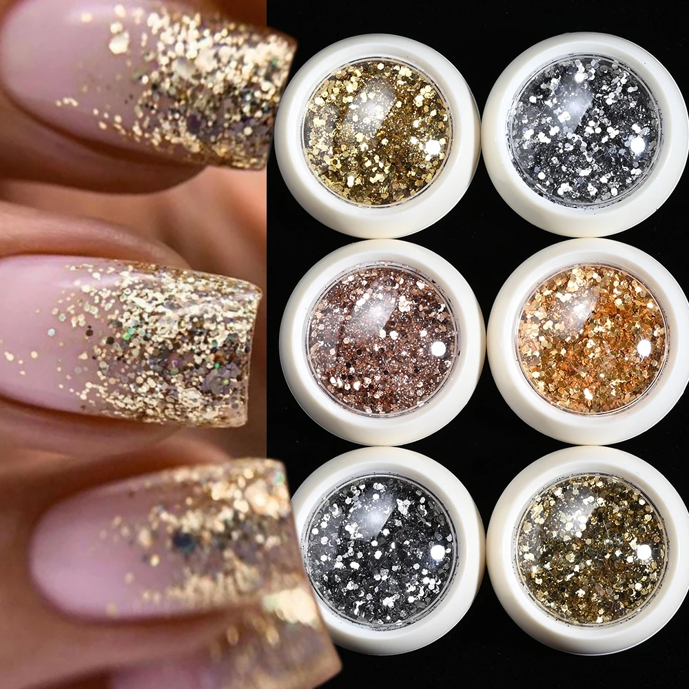 Paillettes Holographiques Brillantes pour Ongles, 6 Pots, 2mm, Couleur Champagne, Or, Argent, Laser, Acrylique, 3D, Rotterdam, Kle, Fournitures de Manucure