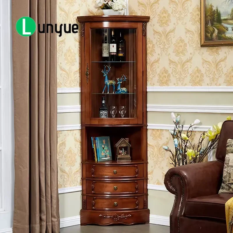 Solid Wood Wine Cabinet with Glass Door and Drawers Living Room Display Locker Furniture Storage Showcase for Home Decor