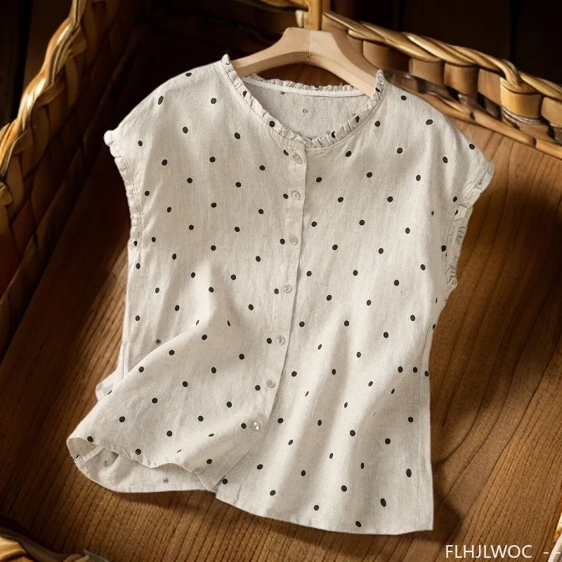 Coton lin chemises courtes mignon été corée Chic hauts Blusas FLHJLWOC Design Preppy Style filles femmes champignon volants Blouses