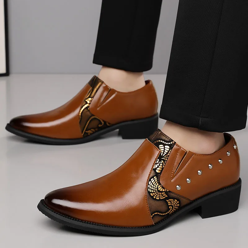 2027 Leather Business Dress High Heel Men Shoes Pointed Toe Slip-on Rivets Elegant Party Wedding Shoes Thick Bottom Plus Size