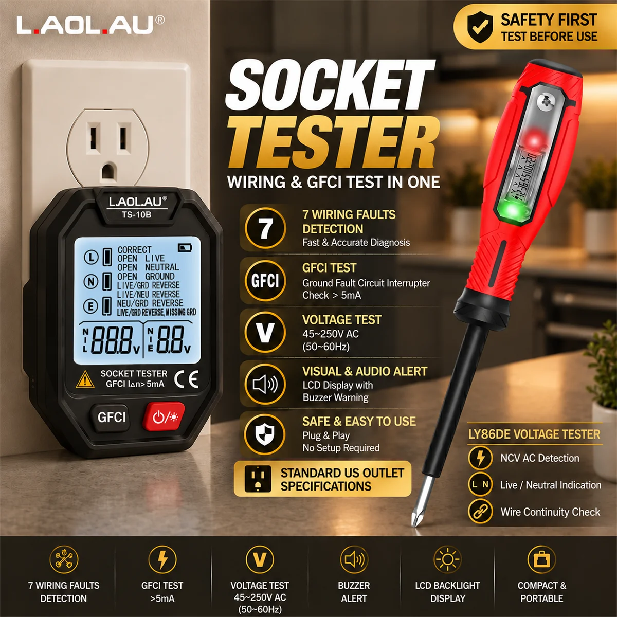 US PLUG GFCI Outlet Tester Voltage Test Pen Combo Kit Socket Wiring Checker LCD Display Break Point Tester NCV Screwdriver Home