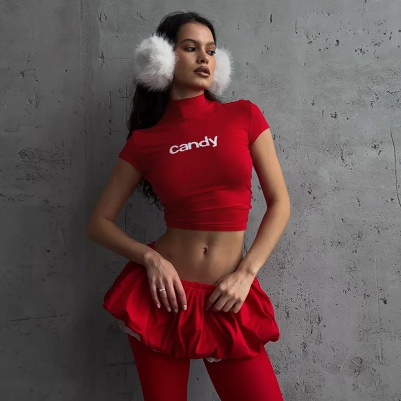 

2025 summer new fashion trend semi-turtleneck slim T-shirt skirt set Z327