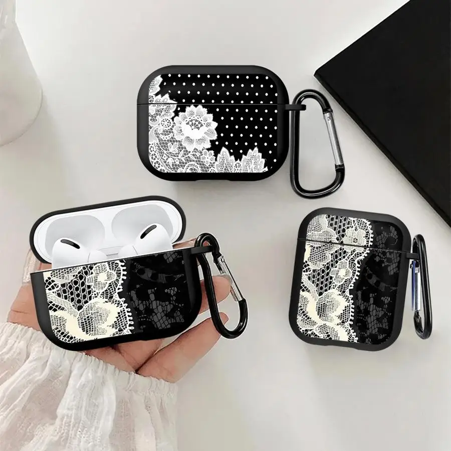 Vintage Lace Border Print Earphone Cases Cover With Hook Case For Airpods 5 1 2 4 Pro3 Pro 3 Pro2