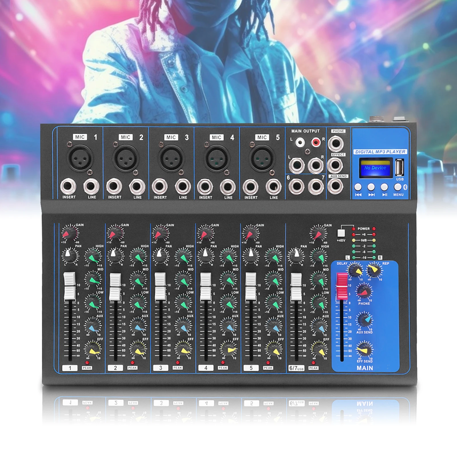 

Professional 7-Channel Audio Mixer with Bluetooth, 48V Phantom Power & 6 EQ Modes Compact DJ/PA Sound Board for Live Performance