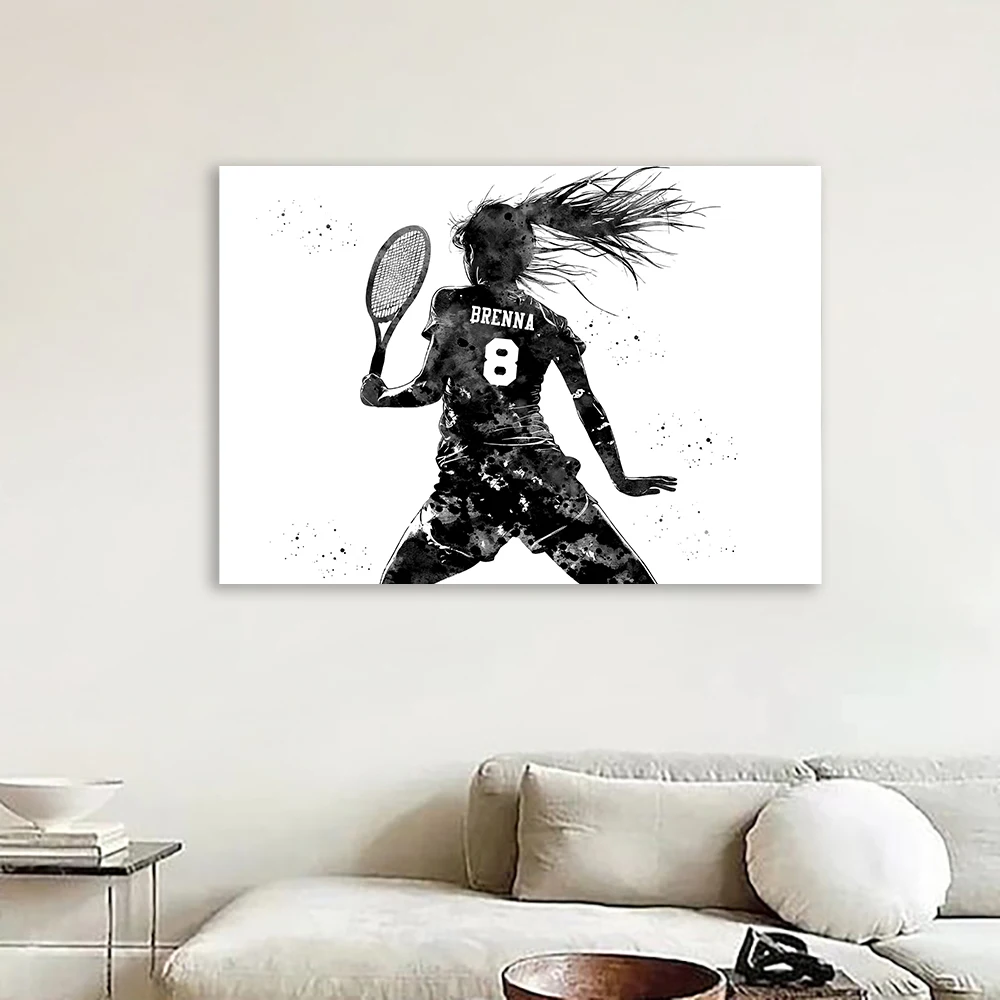 لاعب التنس فتاة شخصية ملصق فني اسم مخصص ورقم الرياضة المائية يطبع غرفة الصالة الرياضية المنزل قماش اللوحة ديكور