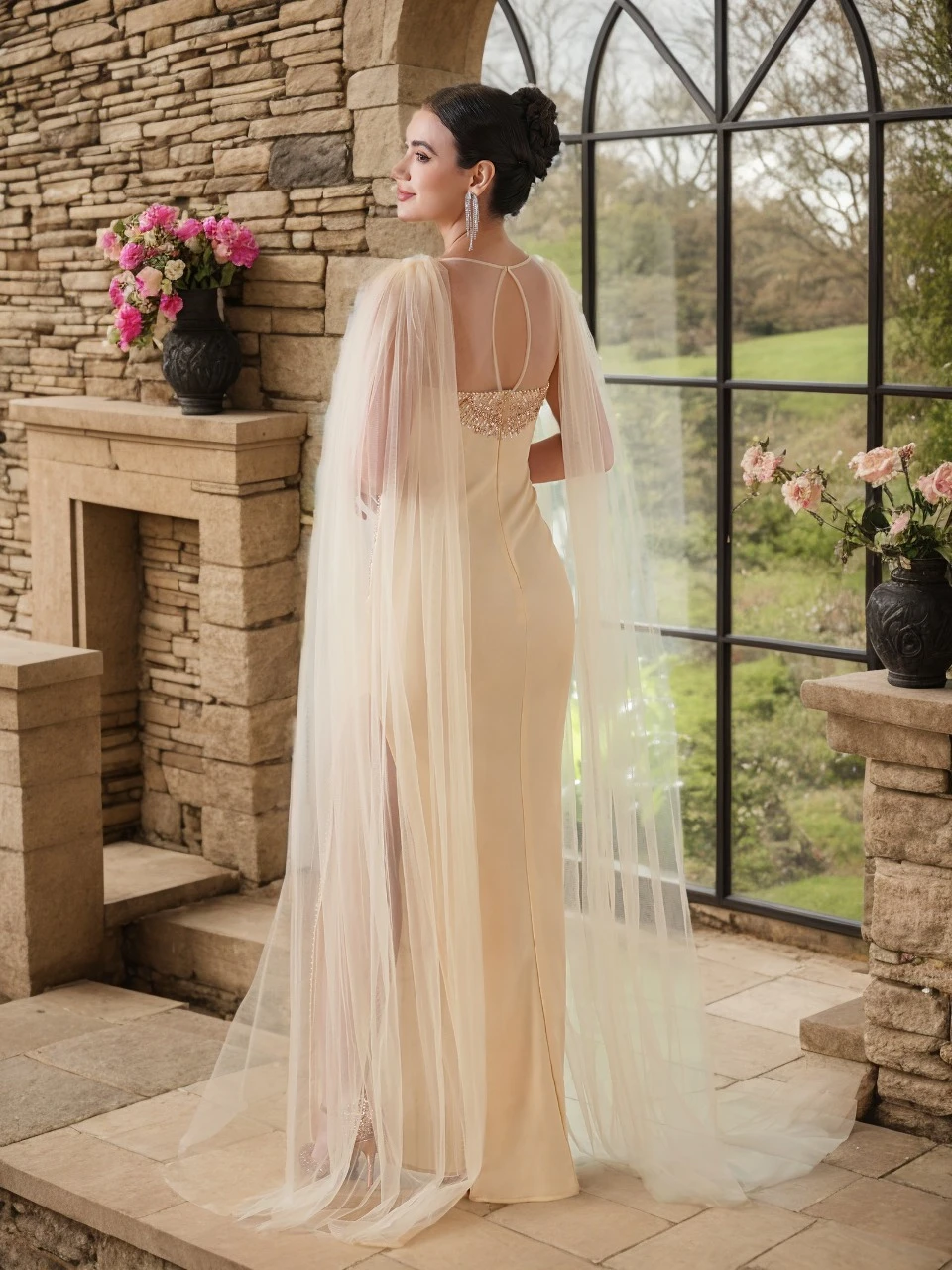 Luxury Champagne Evening Dress Illusion Scoop Neck Mermaid Dress With Tulle Cape Sleeve Sequine Beaded High Slit Maxi Prom Gown