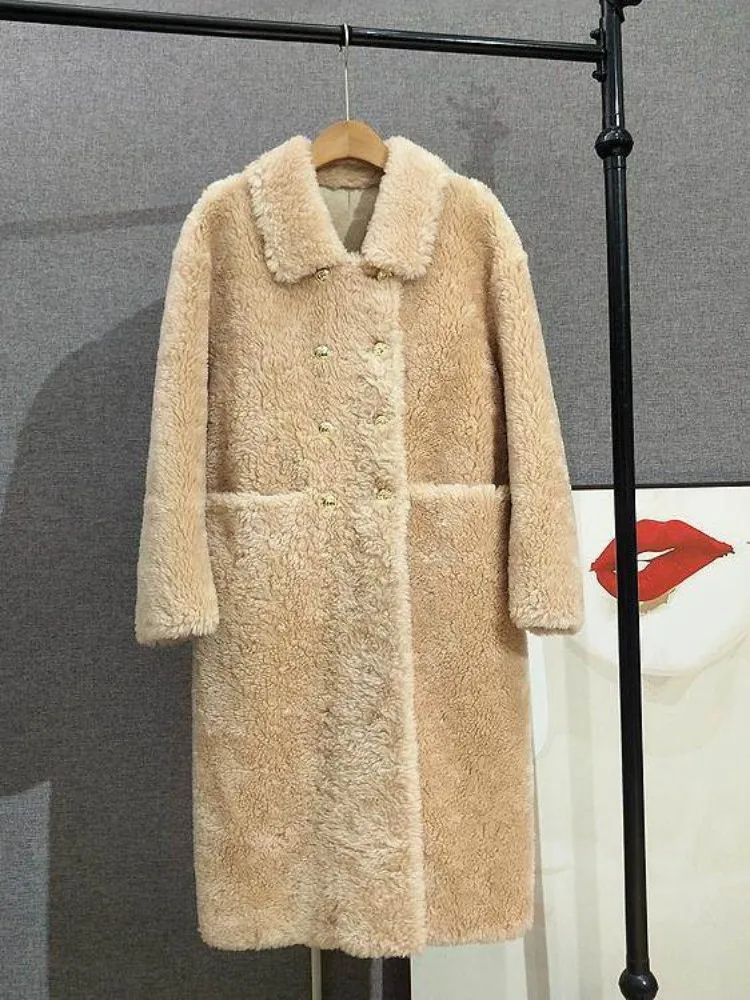 Cappotto da donna Moda 100% lana Giacca lunga Doppio petto Vestibilità ampia Casual Office Lady Inverno Caldo risvolto Tosatura delle pecore Soprabito