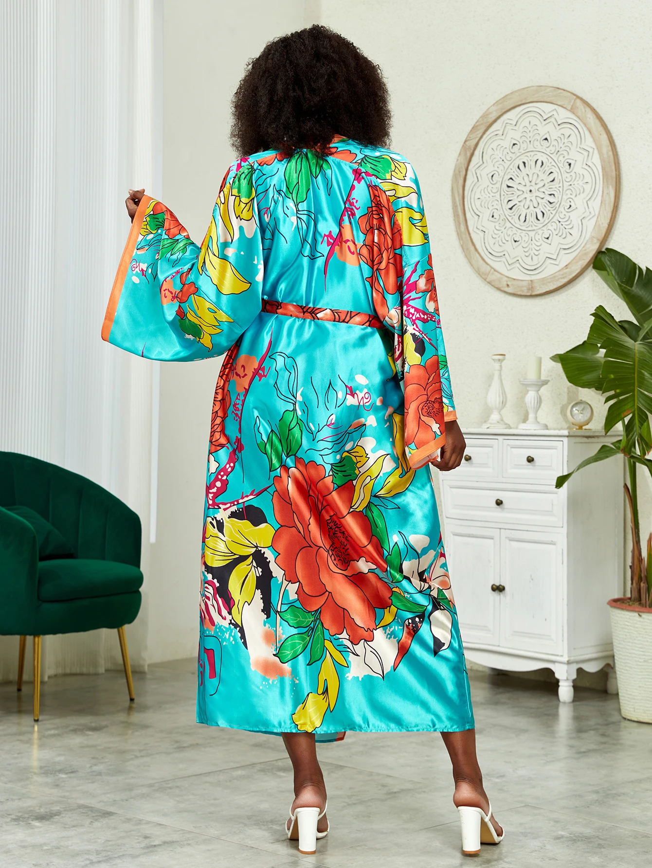 Plus Size Boho Kimono, damskie Plus nadruk lotosu kontrastowe wiązanie z długim rękawem z odkrytym przodem Kimono