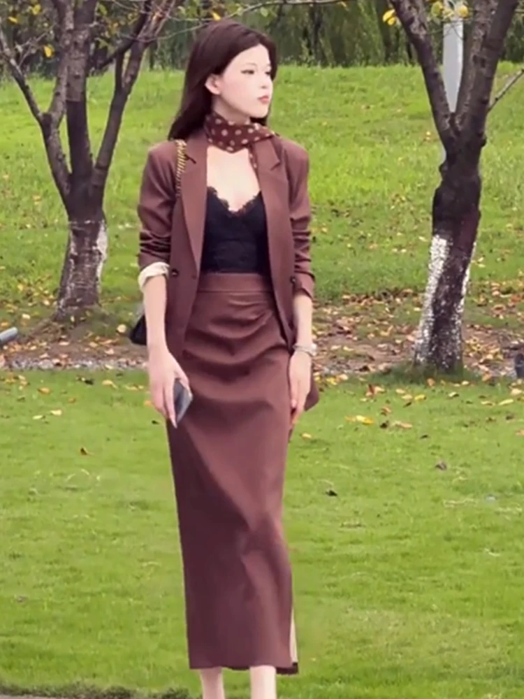 

Ele женский костюм из двух предметов, юбка с высокой талией, модное осеннее новое поступление, женский длинный воротник-свеч, стандартный крой