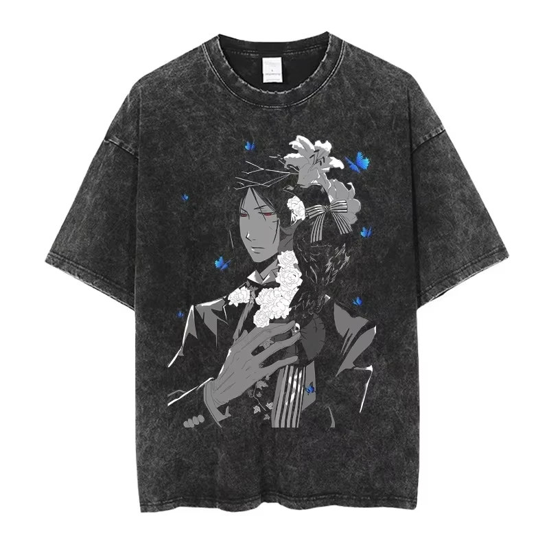 Black Butler Washed T-shirt Oversized Unisex Retro Fashion Fashion Street Casual Tee Classic Loose Streetwear Trendy Cotton soft