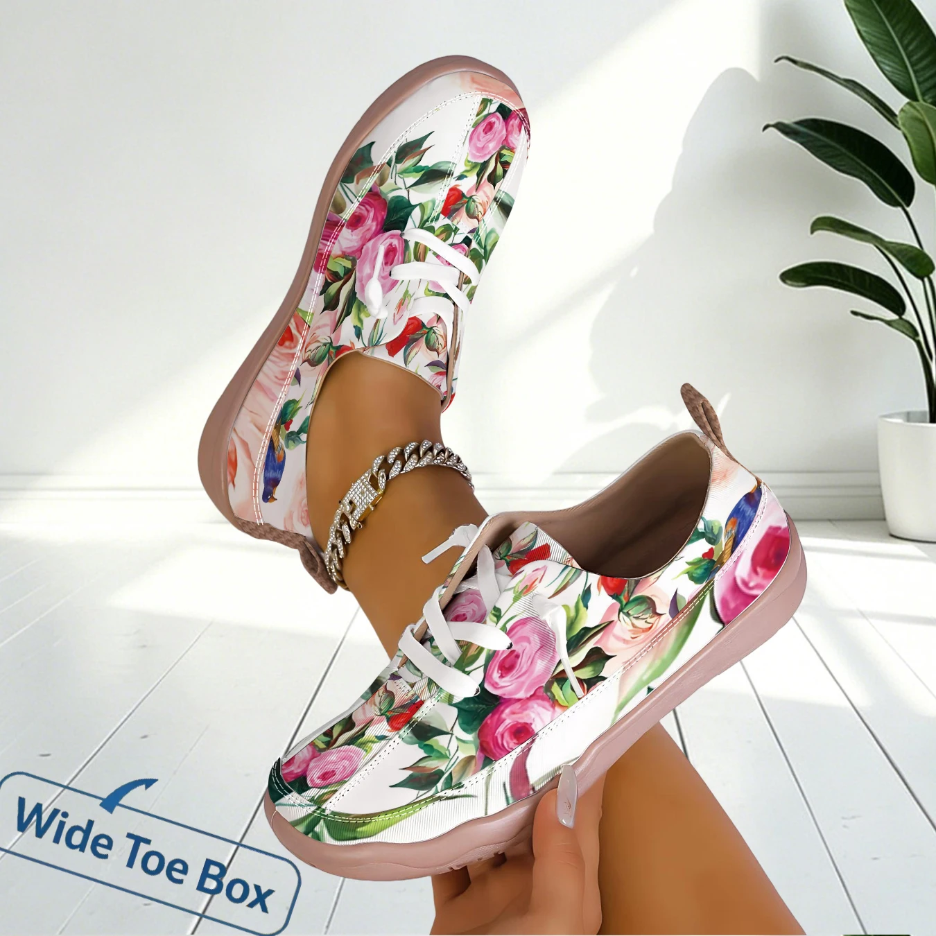 Women Floral Print Wide Toe Flat Sneakers Light Soft Sole For Office Standing Travel Outdoor Walking