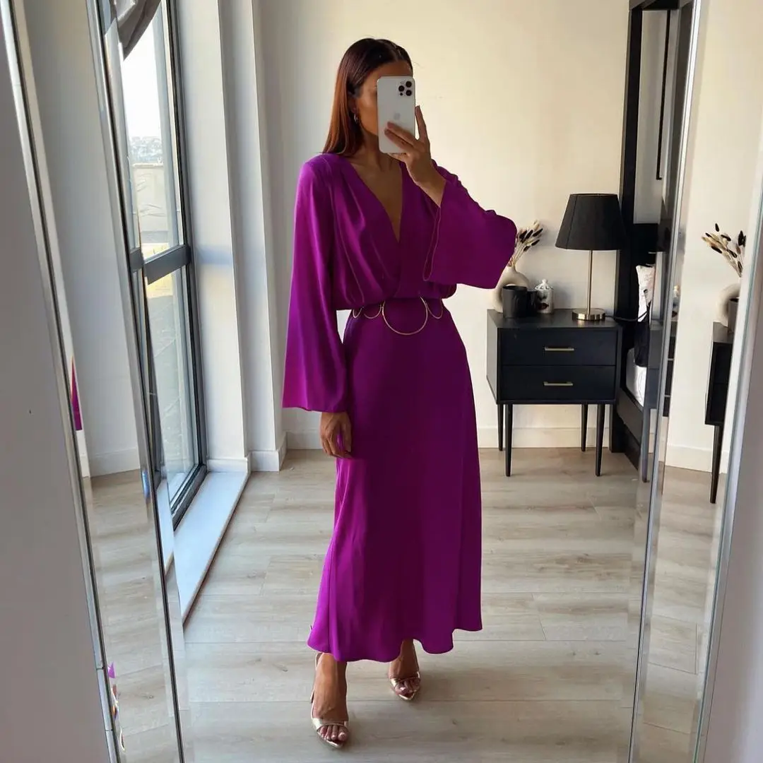 

Retro Elegant Satin V-neck Waist Slim Long Sleeve Long Dress for Women Temperament Commuting Clothes Evening Party Dress