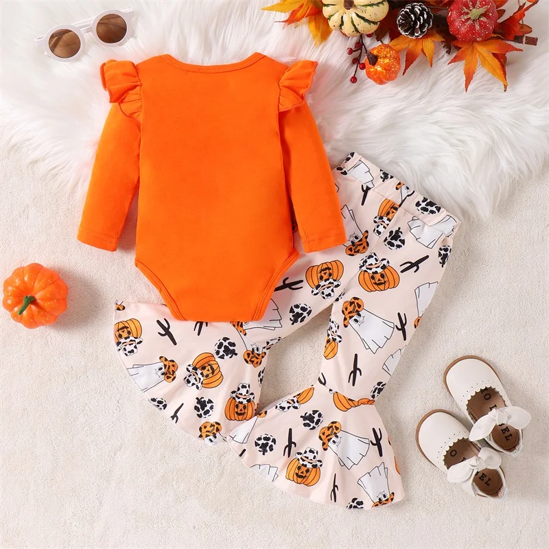 Conjuntos de otoño para niña pequeña, mono de manga larga con estampado de letras, pantalones acampanados con estampado de fantasma y calavera de calabaza, conjunto de disfraz de Halloween de 2 uds.