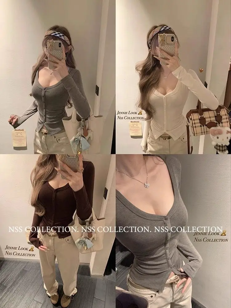 

2025V Neck Dew Clavicle Long Sleeve T-Shirt Button Slim Bottom Shirt Inner Top