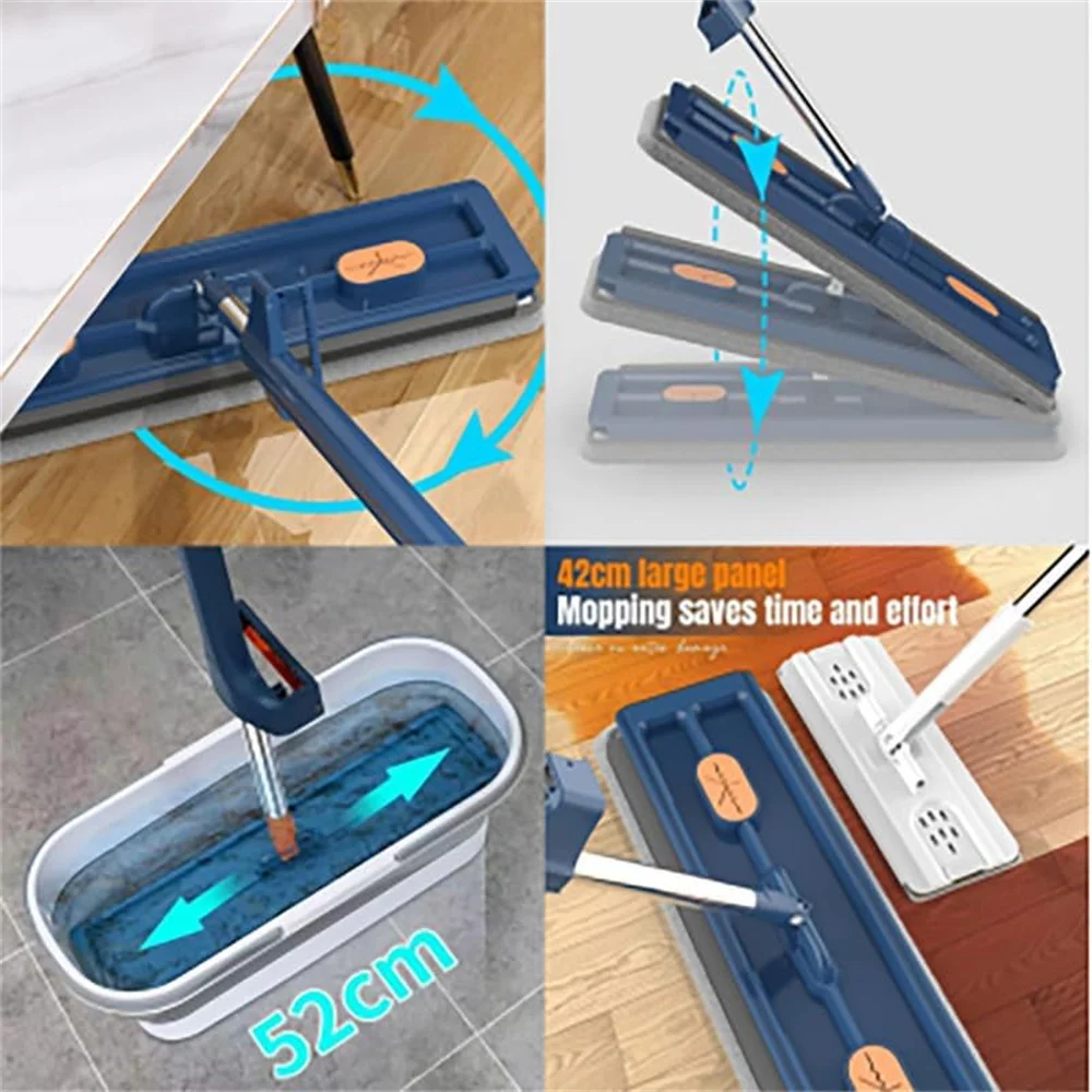 Large Flat Mop with Rags & Bucket,360ยฐ Rotating Magic Self Wringing Flat Mop,Wall Cleaning Mop with Stainless Steel Long Handle