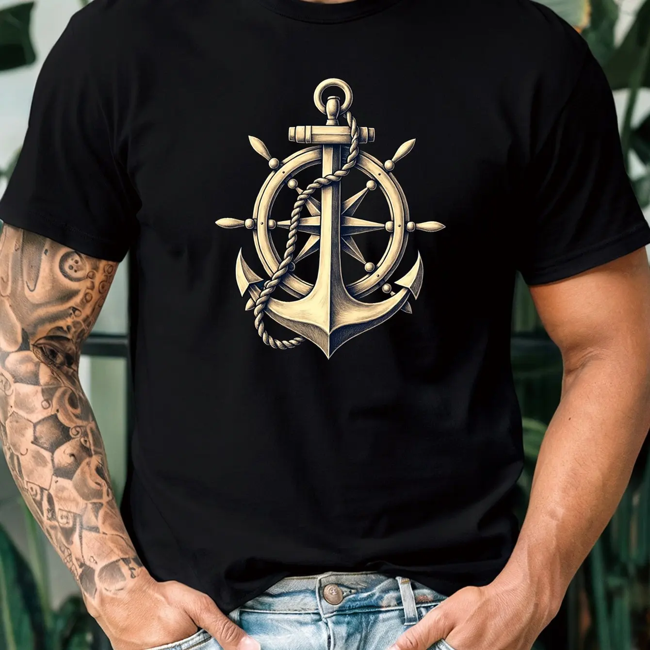Men Nautical Anchor Graphic T-Shirt - Casual Summer Short Sleeve Micro-Stretch Knit Fabric Regular Fit Black with Golden Anchor