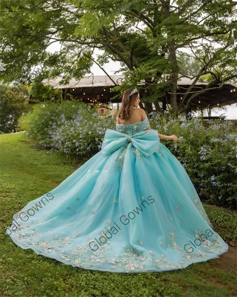 Prinses Meer Blauw Van De Schouder Baljurk Quinceanera Jurk Voor Meisjes Kralen Appliqués Verjaardagsfeestjurken Prom Jurken