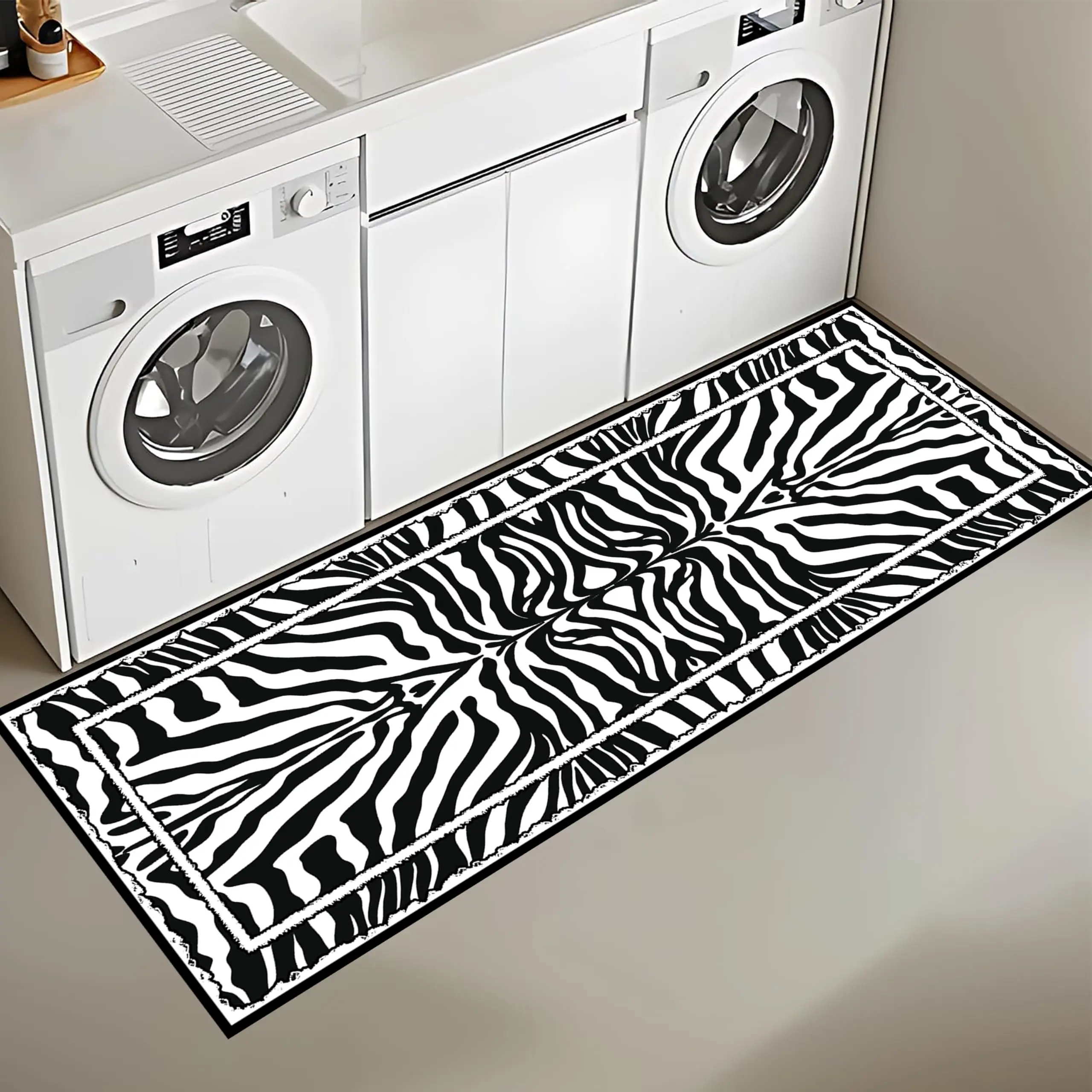 Exotic Jungle Long Rug Zebra Stripes Area Mat Black White Geometric Frame Corridor Hallway Kitchen Laundry Room Decor Carpet