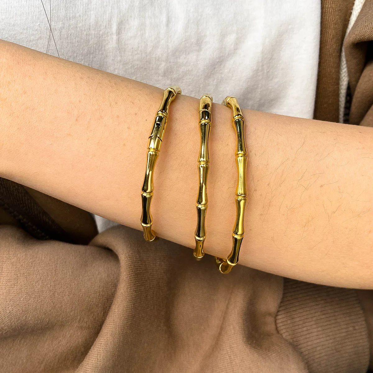 Bamboo Gold Plated Bangle for Women Stainless Steel Bracelet Non‑Tarnish Minimalist Stackable Daily Party Birthday Jewelry Gift