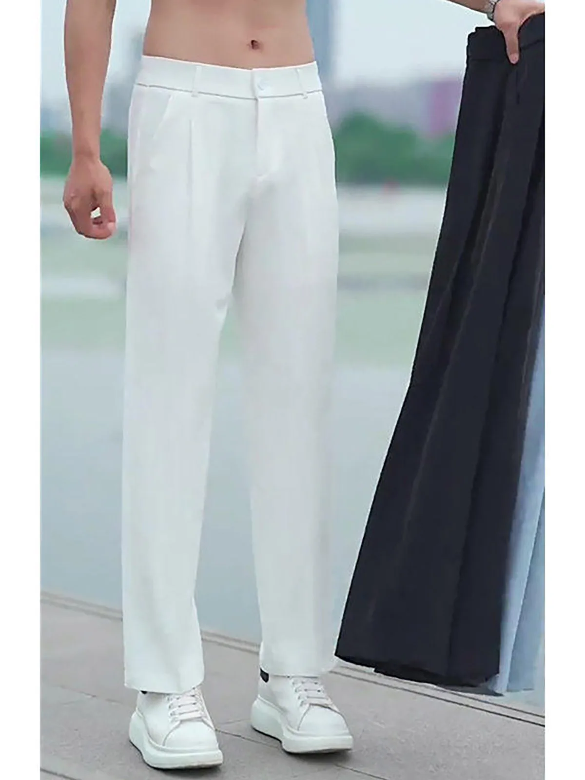 Anti-Wrinkle White Ice Silk Semi-Elastic Small West Pants Men's High-End Trendy Casual Style Slim Fit Long Trousers
