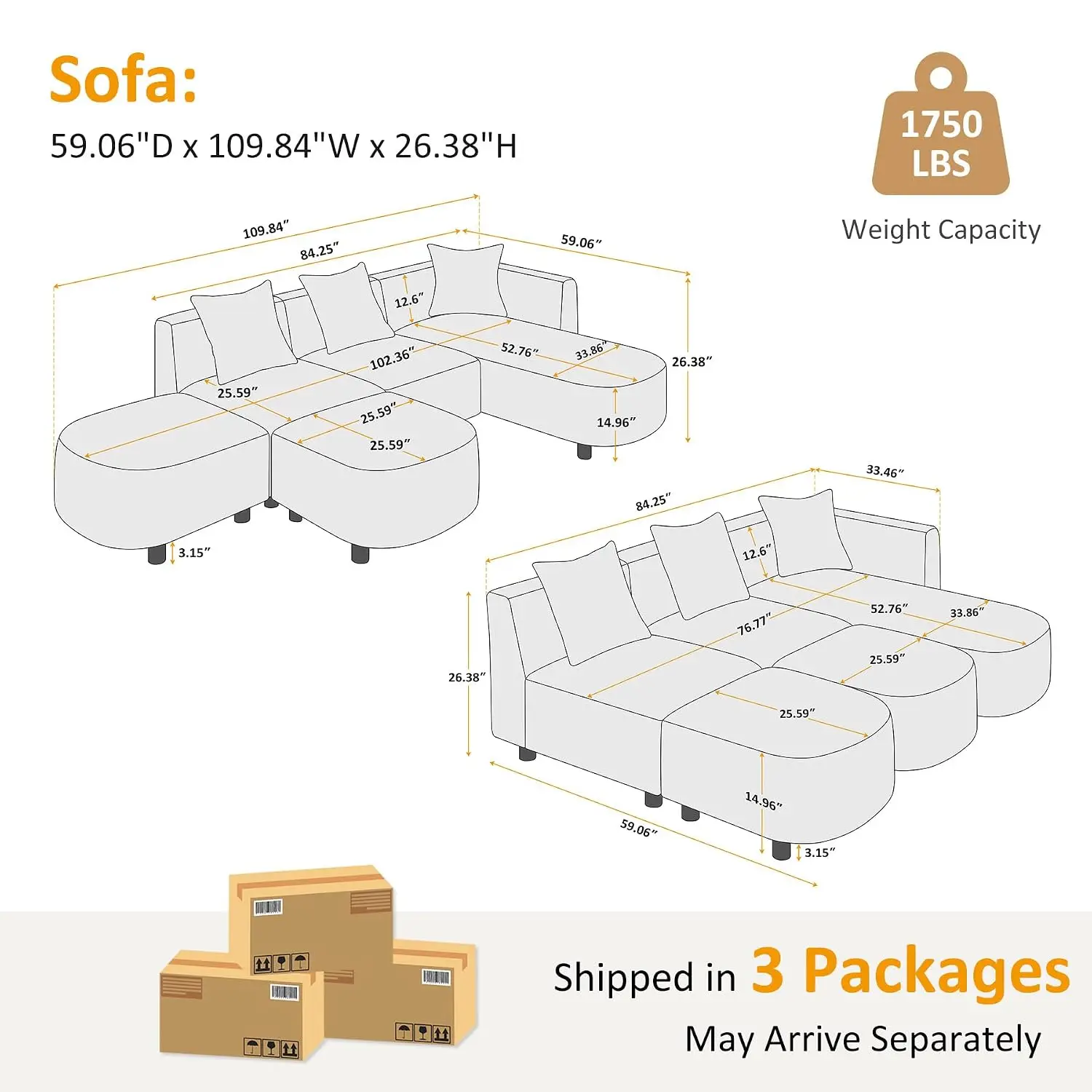 Modular Sectional Sofa With Pillows 5-Seater Boucle Camel, Customized