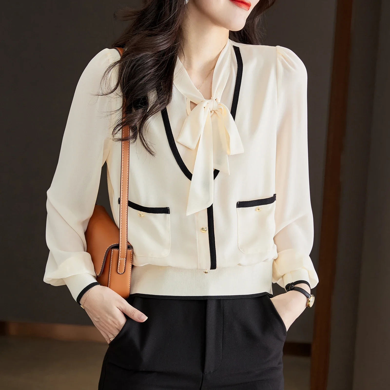 

Elegant bow tie blouses women fake two shirts fashion womens tops and blouses