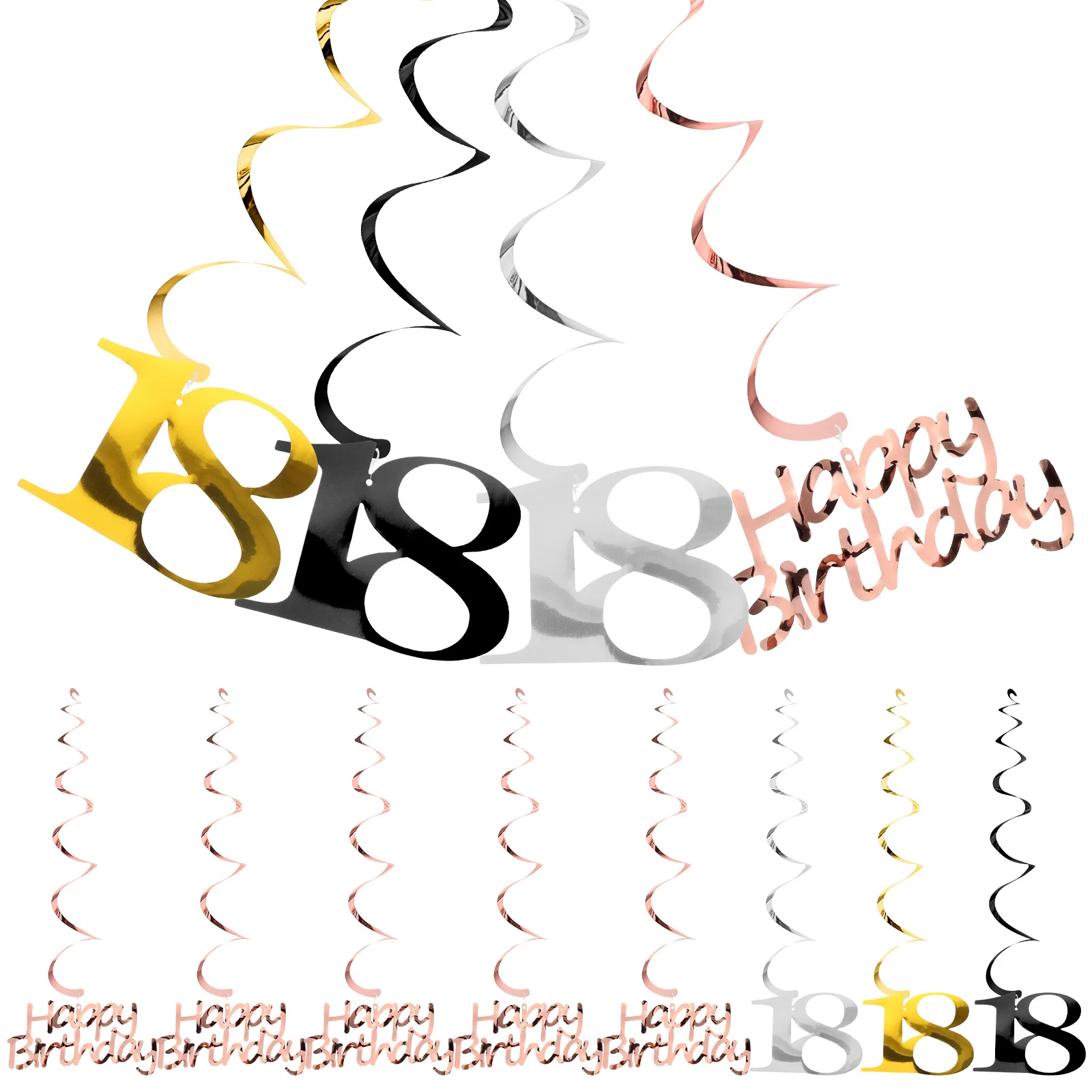 

12 Pieces Spiral Birthday Hanging Decorations 18th Party Supplies Gold Silver Black PVC Reusable Charm