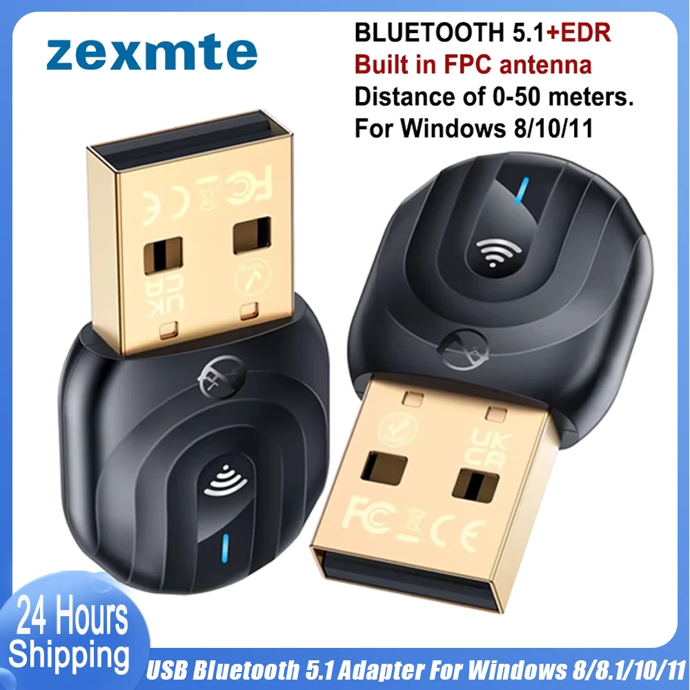 

ZEXMTE 5.1 USB Bluetooth Adapter for PC Windows 11/10/8 Plug & Play 50M/164FT Long Range Stable Signal With FPC Antenna