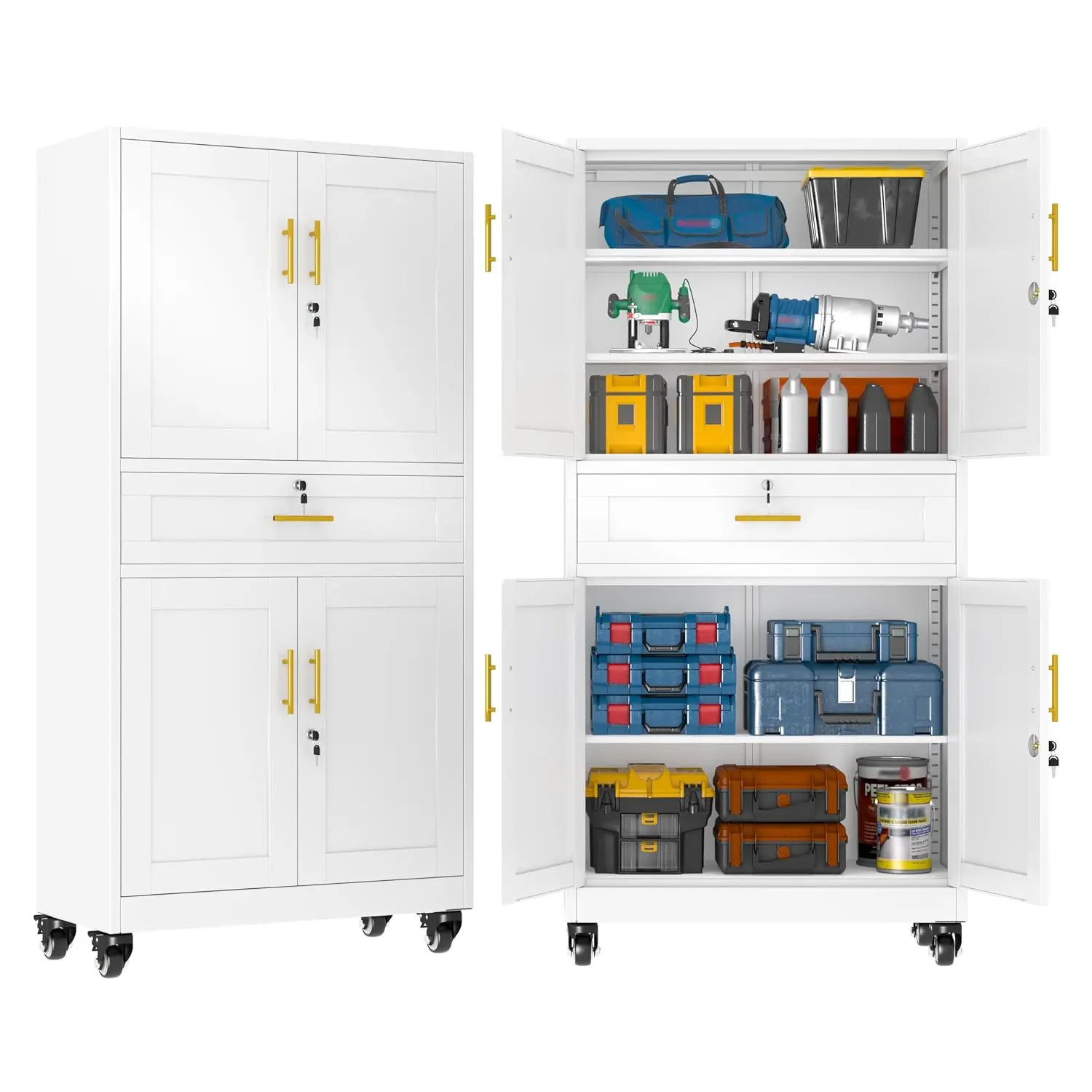 Metal Storage Cabinet with Wheels & Drawer, 74'' Tall Tool Cabinet with 4 Locking Doors & 3 Shelves, Rolling Garage Cabinet