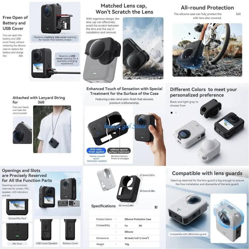 

C7AB 360 Camera Silicone Case Shock Resistant Anti Drop Cover Lens Protector Easy Access Ports And Quick Release Adapter