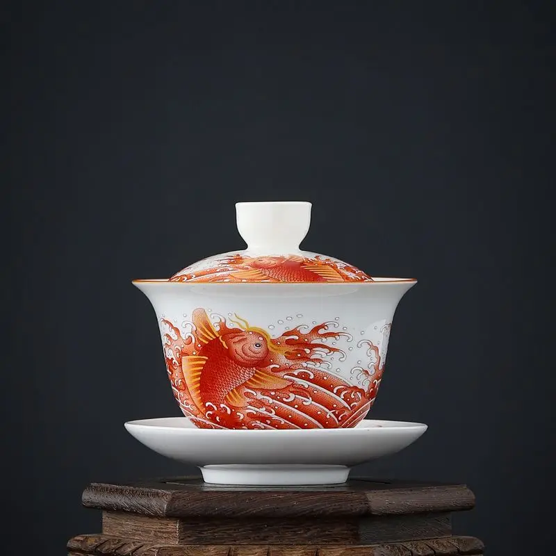 Blue-White Porcelain Gaiwan, Large Tea Tureen for Easy One-Hand Brewing, Classic Floral Pattern Adds Grace pot