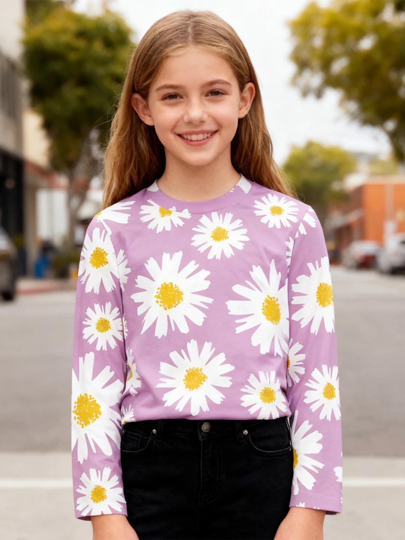 

2026 Sweet Daisy Print Girls Long Sleeve T-Shirt