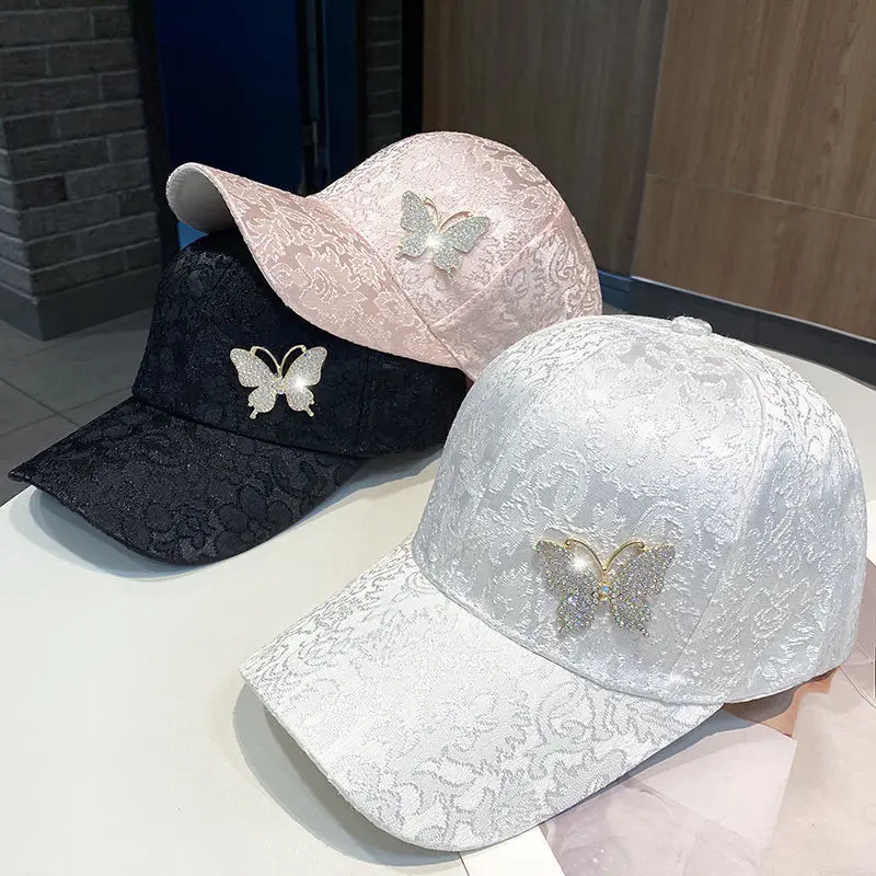 Women's Glittering Rhinestone Baseball Cap, Butterfly Decoration, Casual Caps, Adjustable, Outdoor Hats, New Fashion, Summer