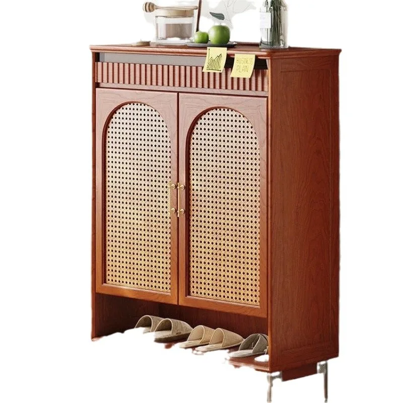 

Nordic solid wood retro shoe cabinet, small apartment living room home foyer entrance partition rattan large-capacity storage