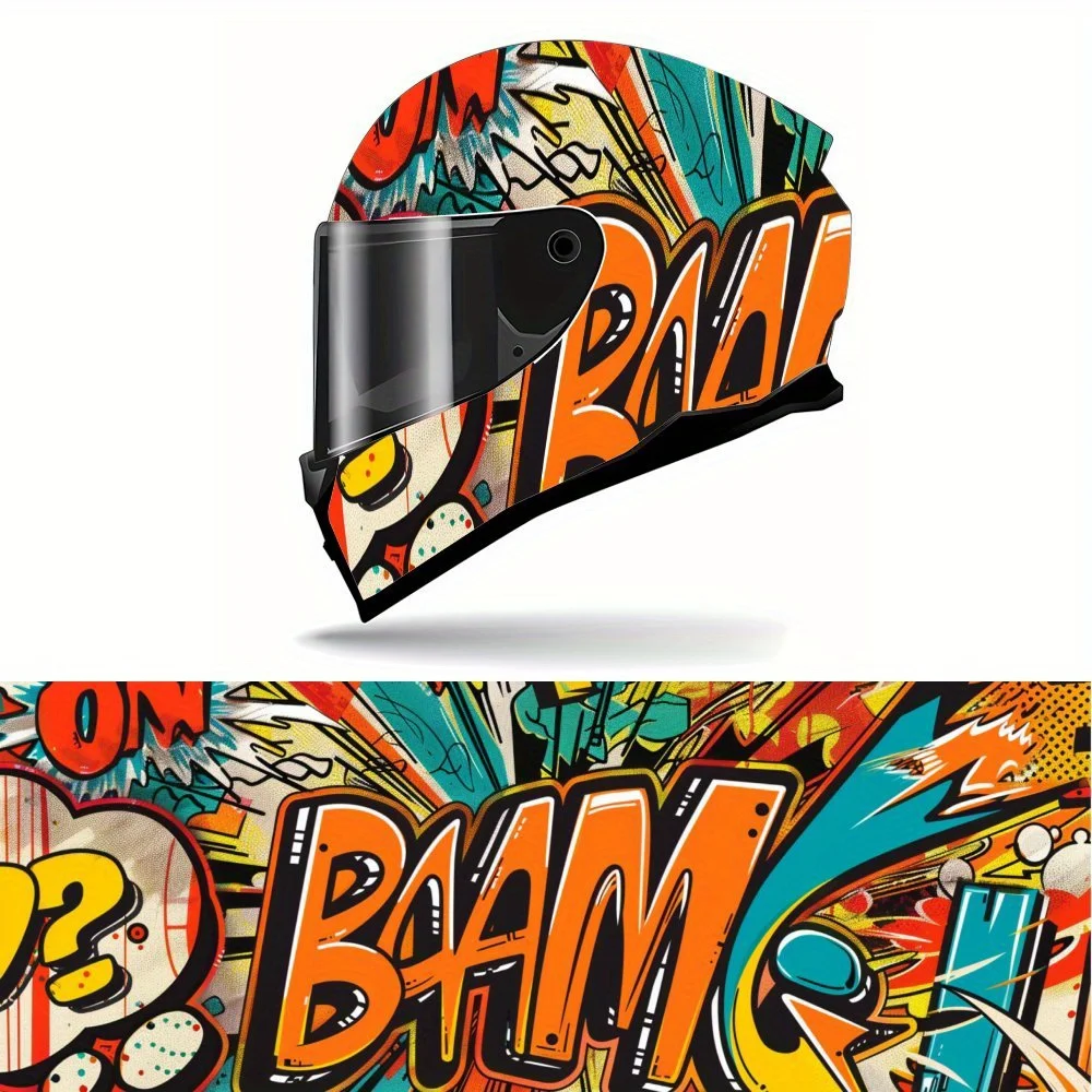 

Energetic Comic Style Graffiti Full Face Helmet Vinyl Wrap Sticker, Durable PVC Material, Artistic Aesthetic Graphic Decal for M