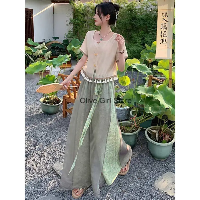 

Printed Shirt Wide Leg Pants Cool Women's Set Summer Chinese Style Retro Tassel Button Up Top Draped High Waisted Casual Pants