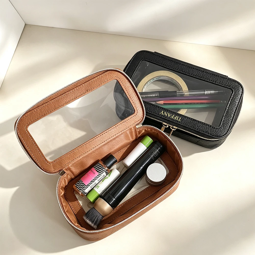 Personalisierte Kosmetiktasche aus PU-Leder, transparente Reisetasche mit Reißverschluss für Damen, wasserdichte Make-up-Tasche mit großem Fassungsvermögen, luxuriöse Aufbewahrungstasche – Detail 4