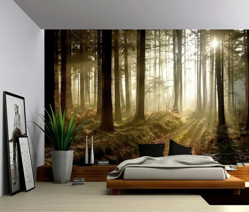 Sun Light Autumn Forest Trees - Large Wall Mural, Self-adhesive Vinyl Wallpaper, Peel & Stick fabric wall decal