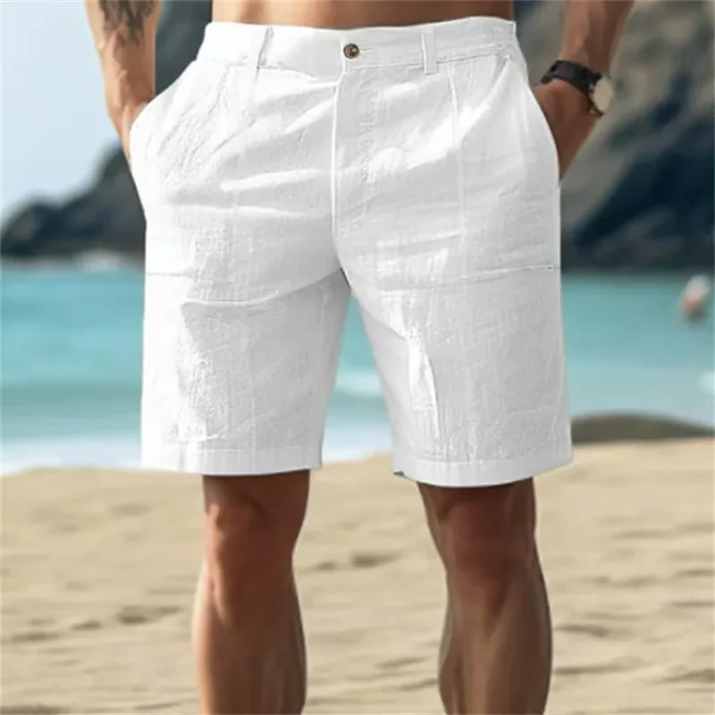 2026 Summer Cotton Linen Shorts for Men Solid Casual Button Pocket Beach Shorts Men's Comfortable Simple Vacation Leiture Pants