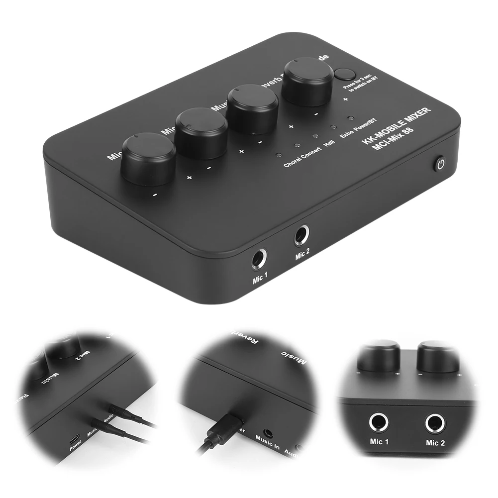 

Портативный караоке-микшер с микрофоном, подключение 3,5 мм AUX и Bluetooth, компактный аудиомикшер для караоке, домашнего кинотеатра, усилителя и колонок