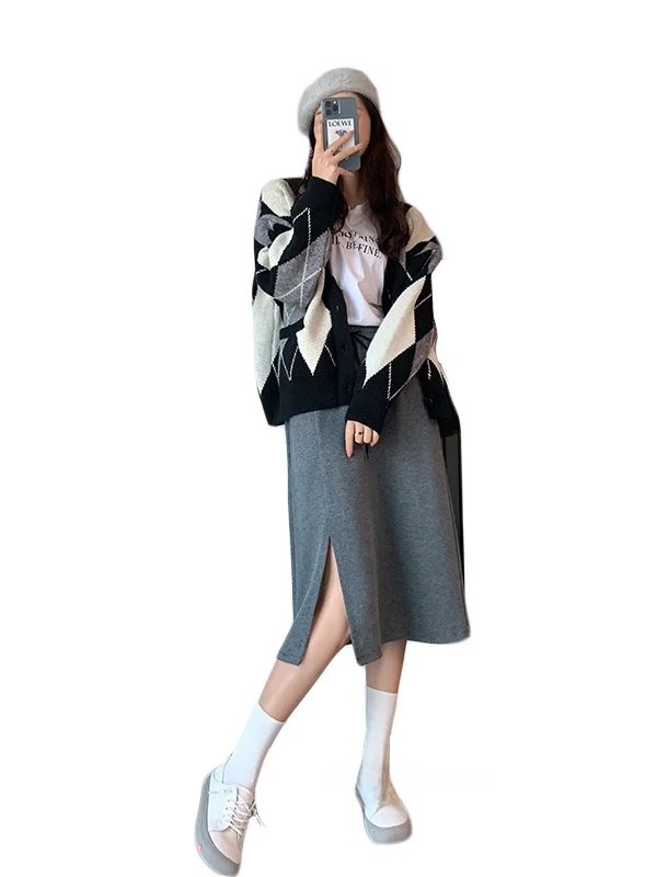 レディース ニット ウール スカート ハイウエスト ストレートカット H-ape カジュアル 通勤 スレ ミッドレングス ワンステップ スプリットスカート