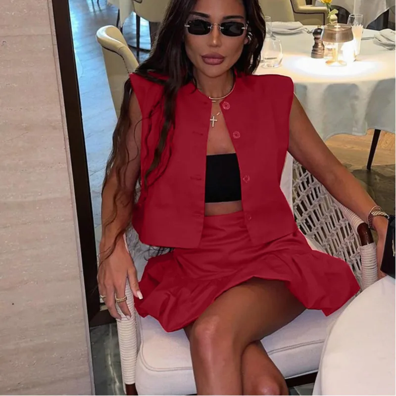 

Summer Solid Color Sleeveless Single Breasted Vest Fashion High Waisted Mini Skirt Elegant Women's Red Cotton Two Piece Set New