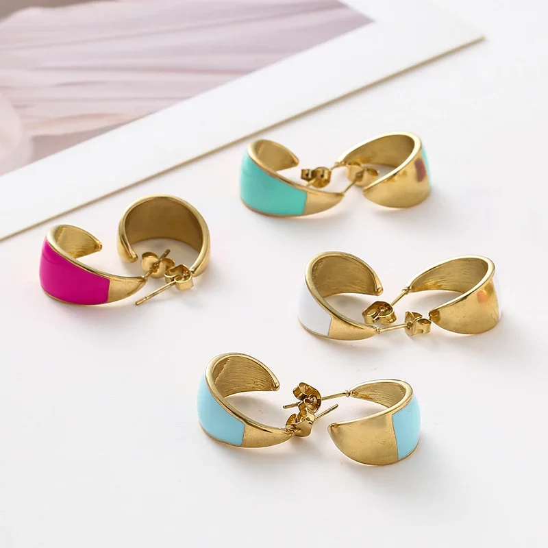 

Uorich Wide Version Oil Stud Earrings Colorful C-shaped Stainless Steel Women Personality Earring Jewelry Gifts Accessories