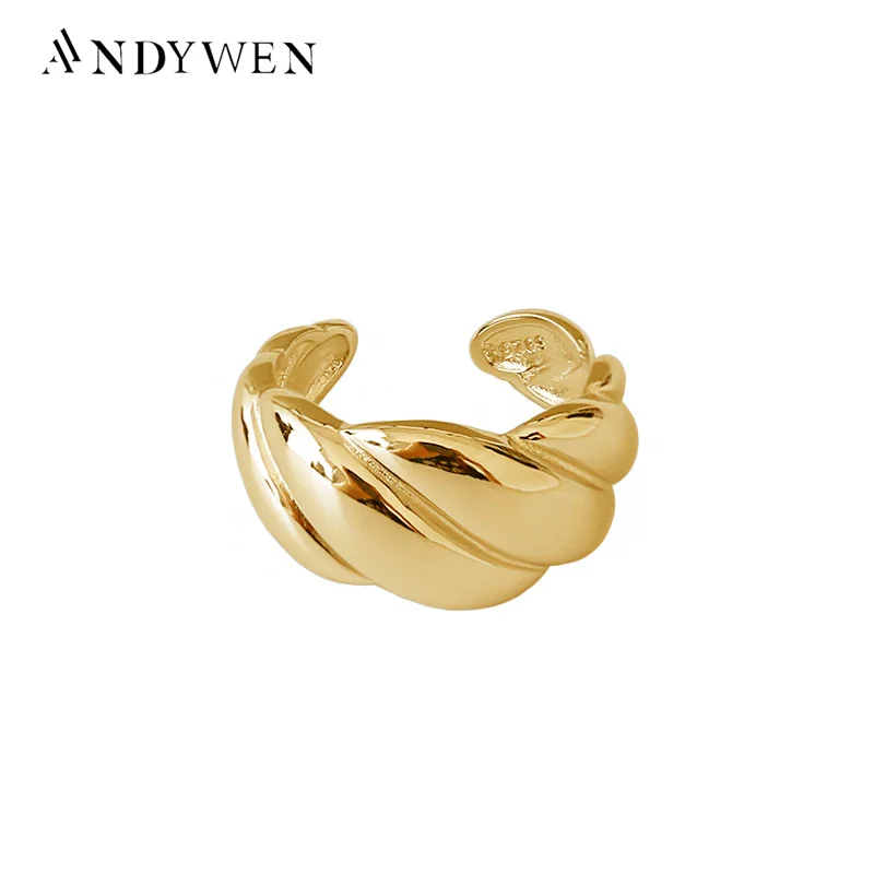 ANDYWEN 2020 925 Sterling Silver Big Large Screw Big Twist Resizable Rings 2020 Fine Gold Thick Open Bangle Rings Jewelry