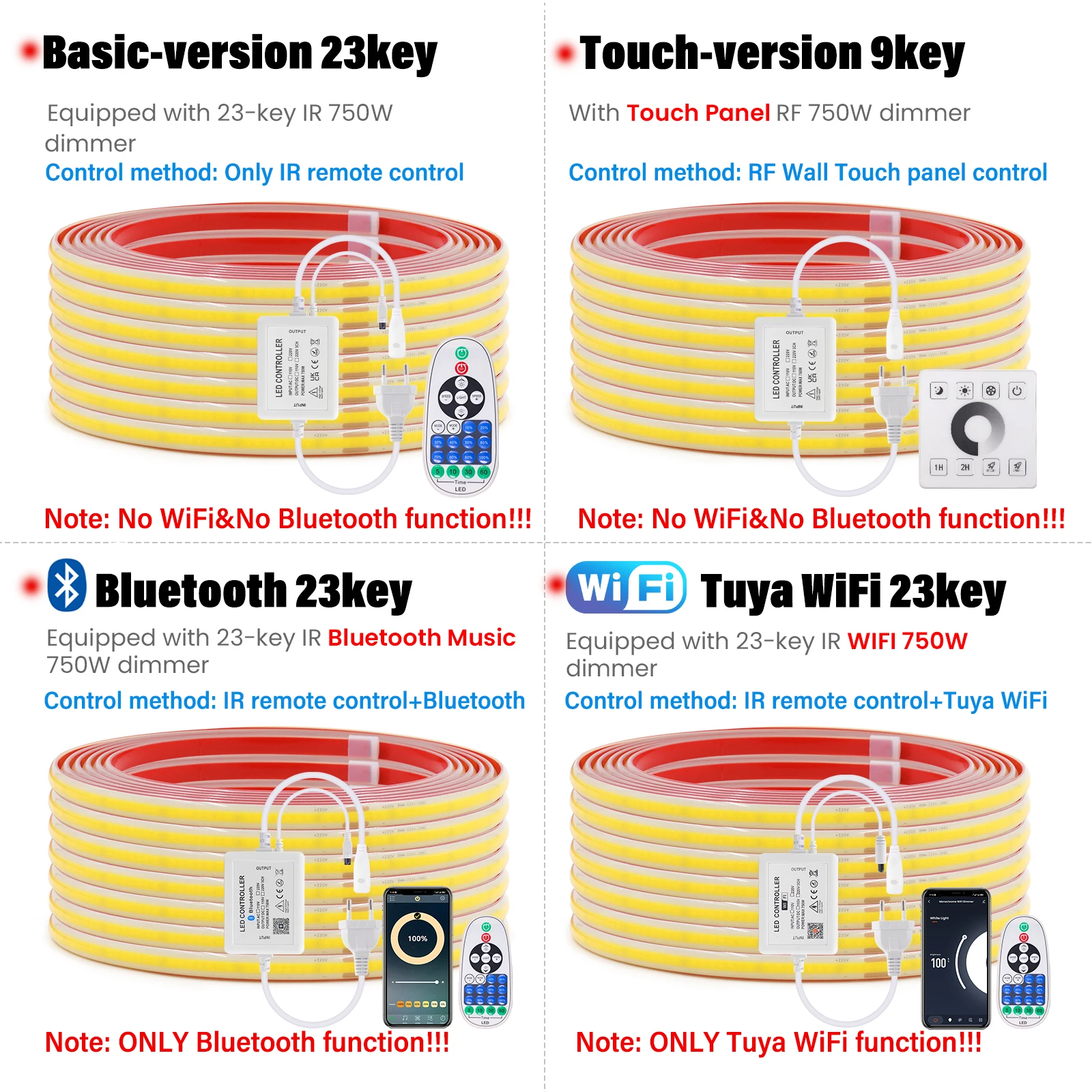 220V Dimmable COB LED Strip Light Adhesive 288LEDs/M Waterproof Flexible Ribbon WiFi Bluetooth Touch Remote Control Lamp Strips