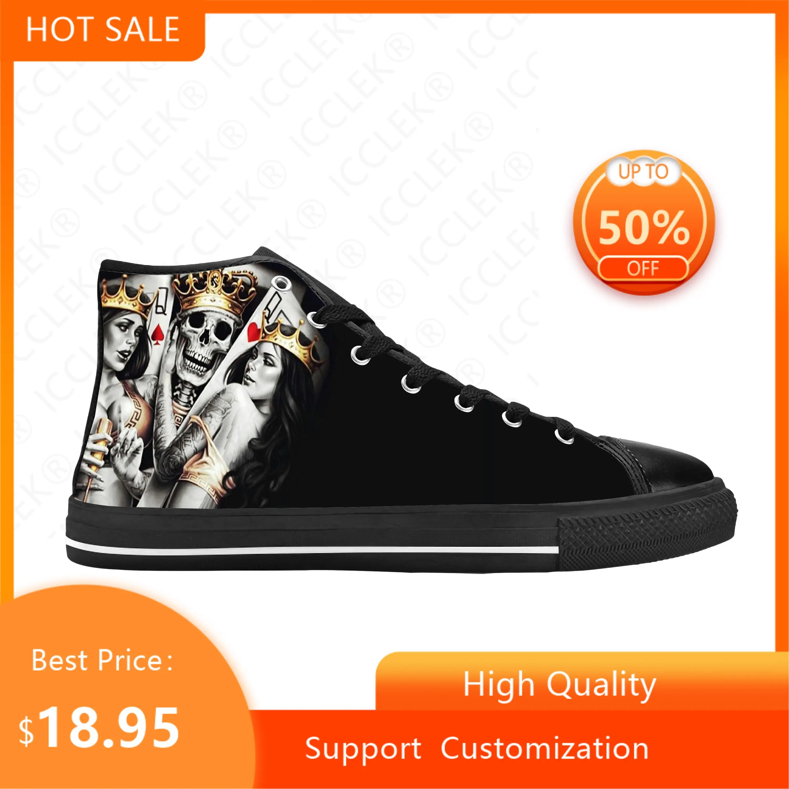 Hot Queen King Poker Skull Sketelon Horror Rock Cool Casual Shoes High Top Comfortable Breathable Print Mens Womens Sneakers