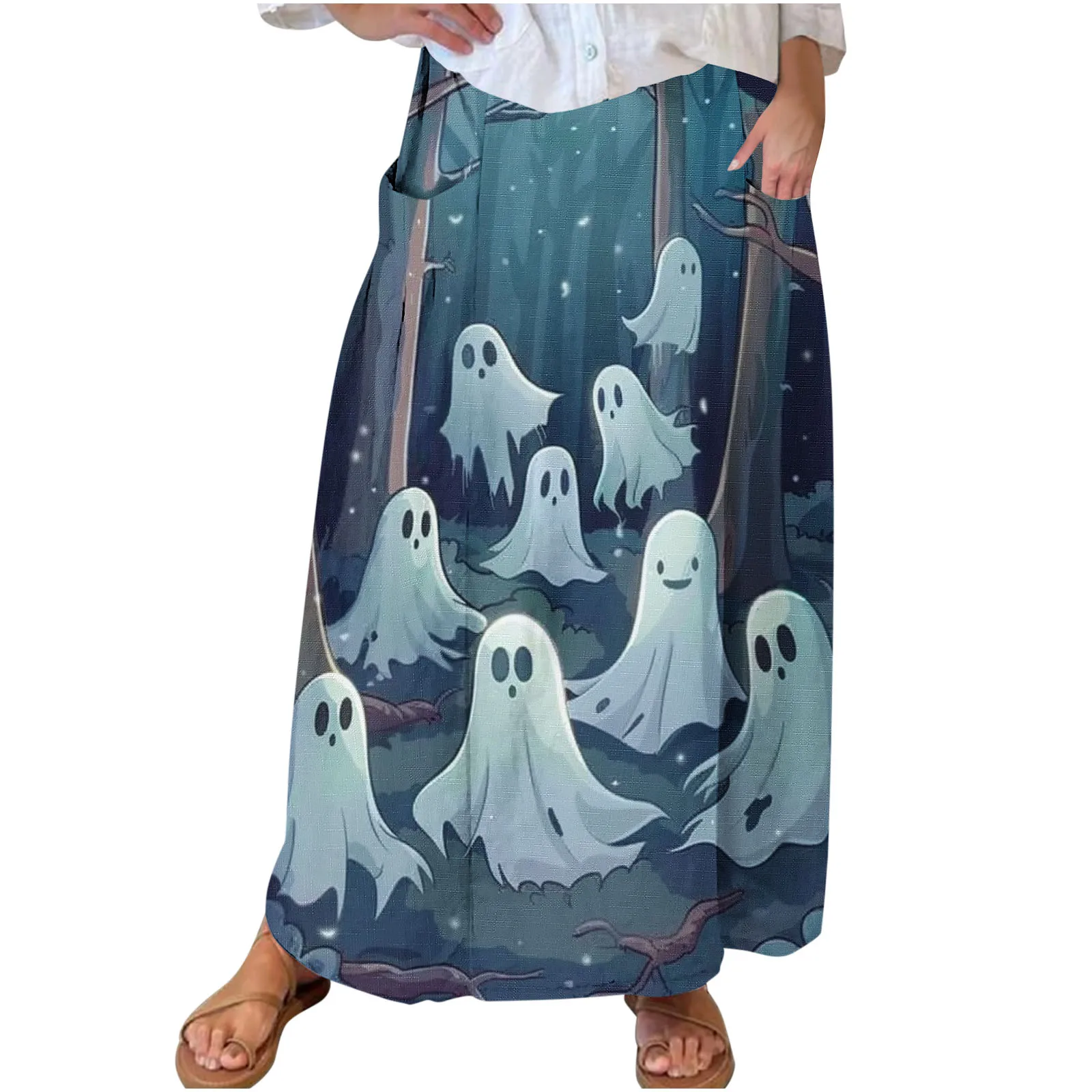 2024 Fashion Women's Skirts Halloween Ghost Print Autumn Vintage Loose Comfortable Woman Pleated Elastic Waist Skirt With Pocket